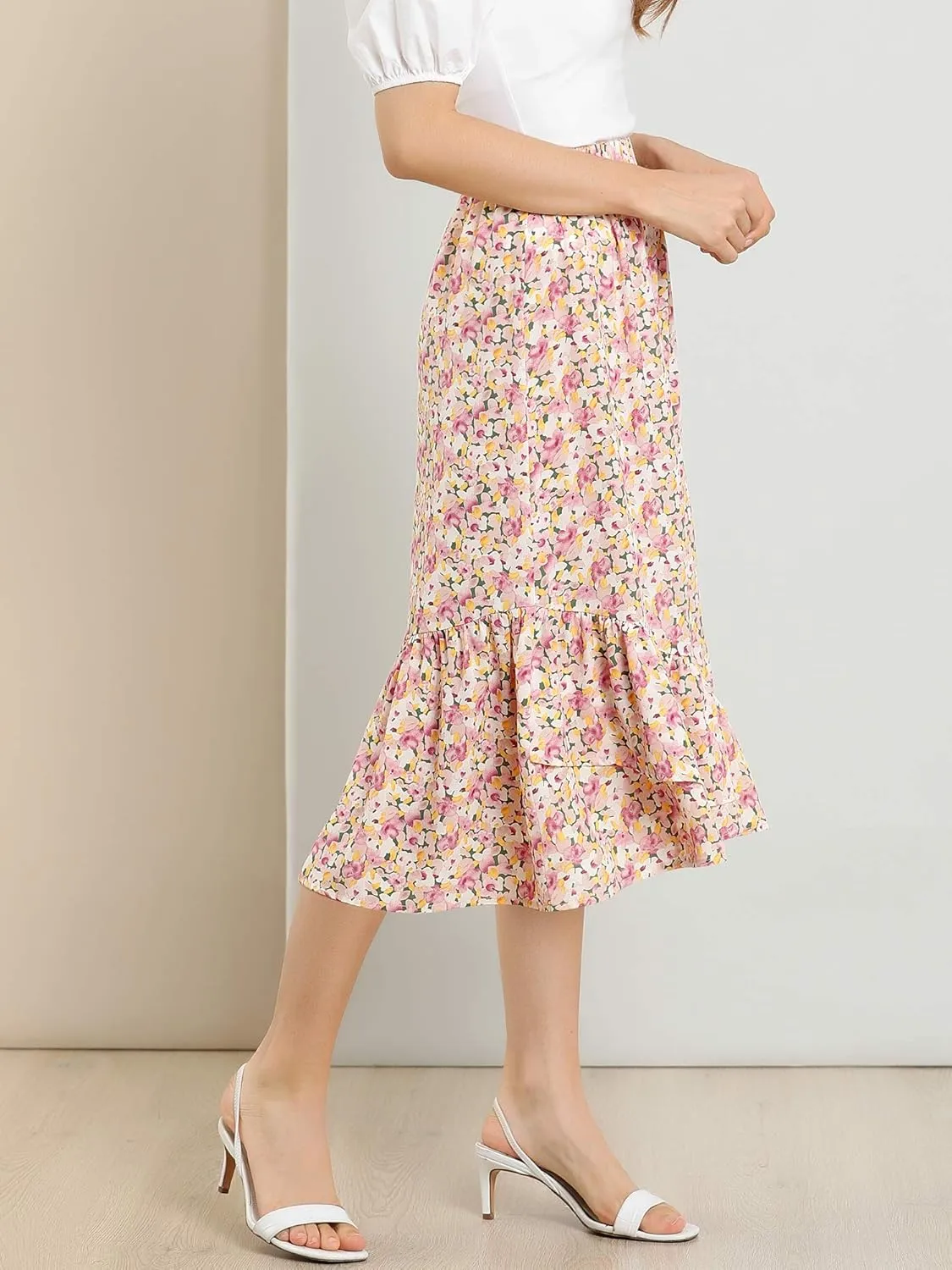 Allegra K Women's Summer Floral Skirt Elastic Waist High Low Ruffle Hem Midi Skirts