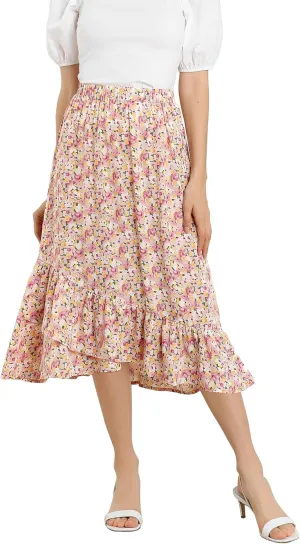 Allegra K Women's Summer Floral Skirt Elastic Waist High Low Ruffle Hem Midi Skirts