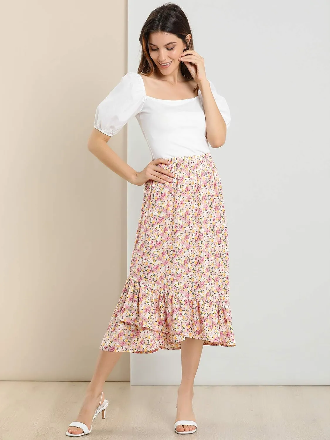 Allegra K Women's Summer Floral Skirt Elastic Waist High Low Ruffle Hem Midi Skirts