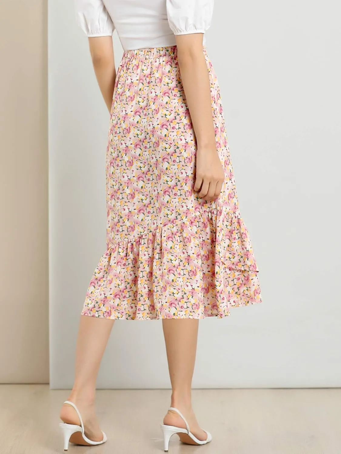 Allegra K Women's Summer Floral Skirt Elastic Waist High Low Ruffle Hem Midi Skirts
