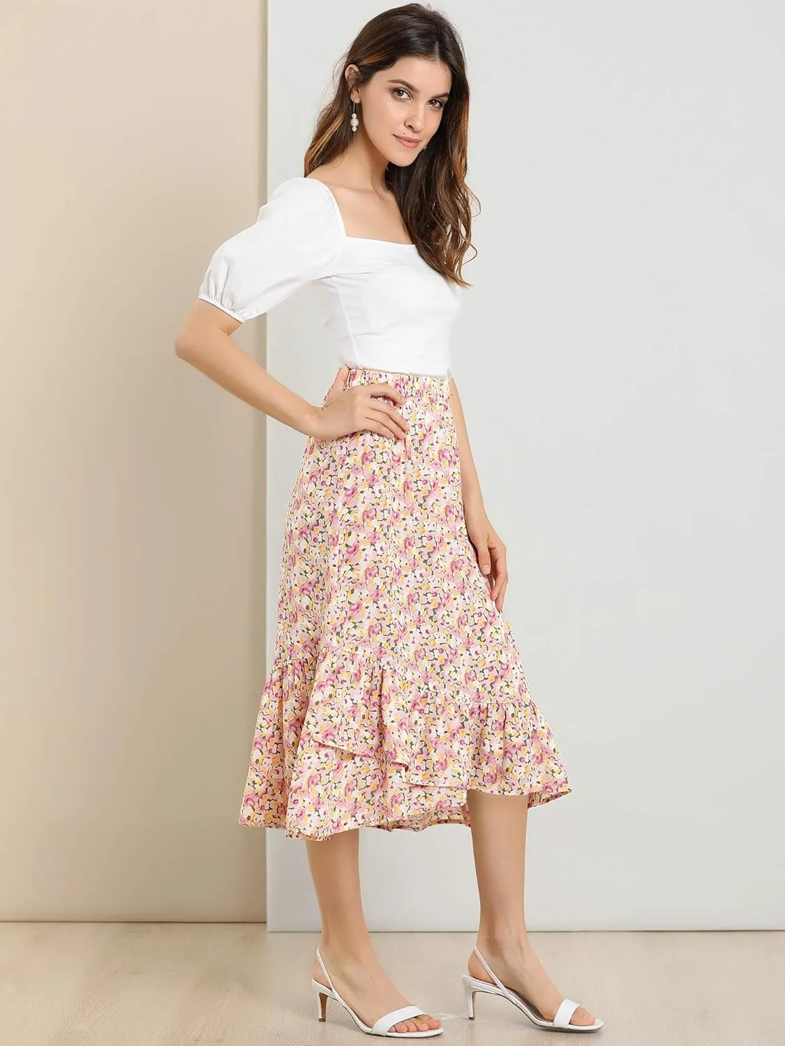 Allegra K Women's Summer Floral Skirt Elastic Waist High Low Ruffle Hem Midi Skirts