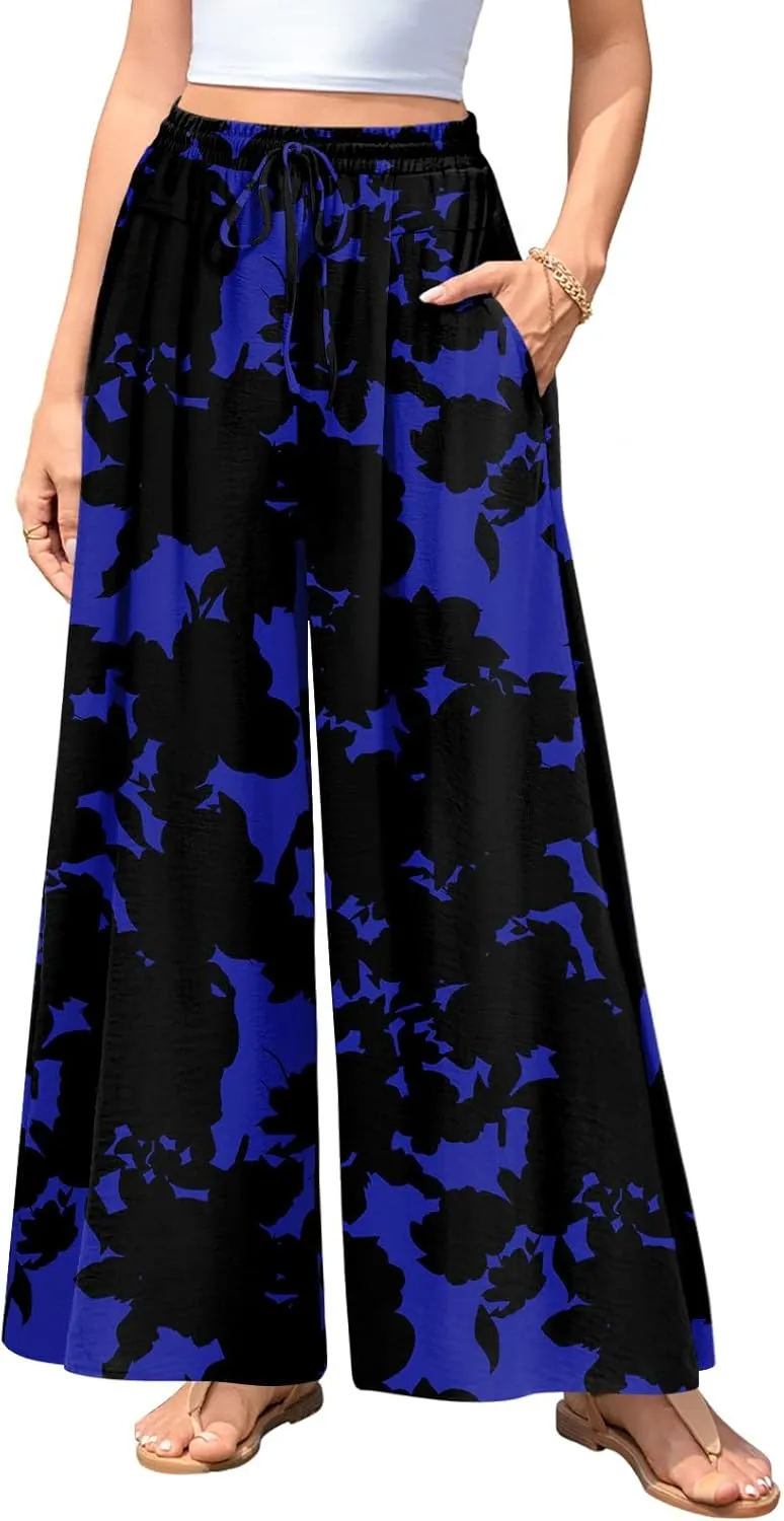 Aodemo Women's Palazzo Pants Dressy Wide Leg Pants High Waist Casual Beach Flowy Culottes with Pockets