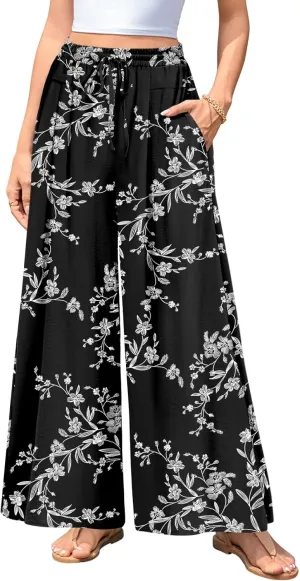 Aodemo Women's Palazzo Pants Dressy Wide Leg Pants High Waist Casual Beach Flowy Culottes with Pockets