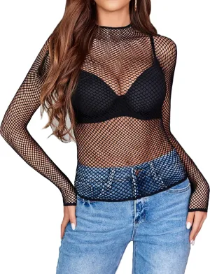 Avidlove Women's Sexy Fishnet Mesh Long Sleeve Tops Mock Neck Sheer Lace See-Through Blouse Bodycon Clubwear Party Tops