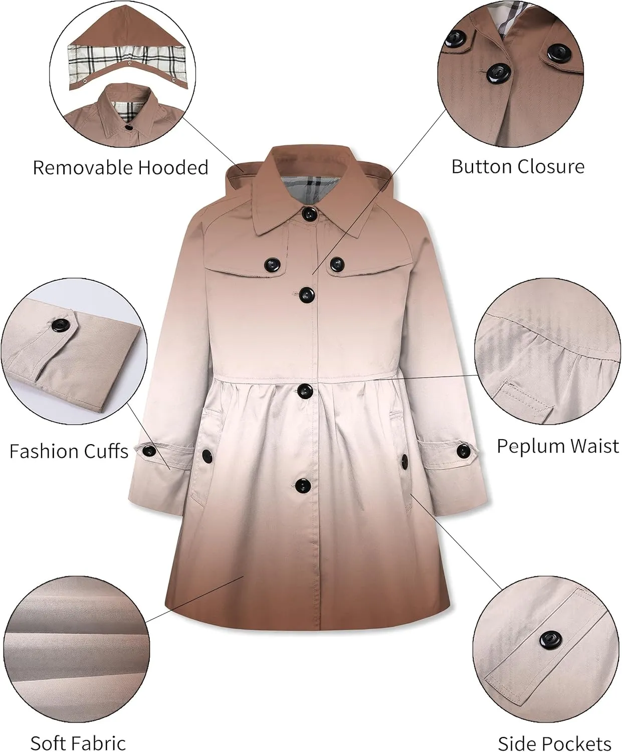 Betusline Girl's Rain Jackets Lightweight Waterproof Hooded Trench Coat Raincoats for Kids,2-14 Years