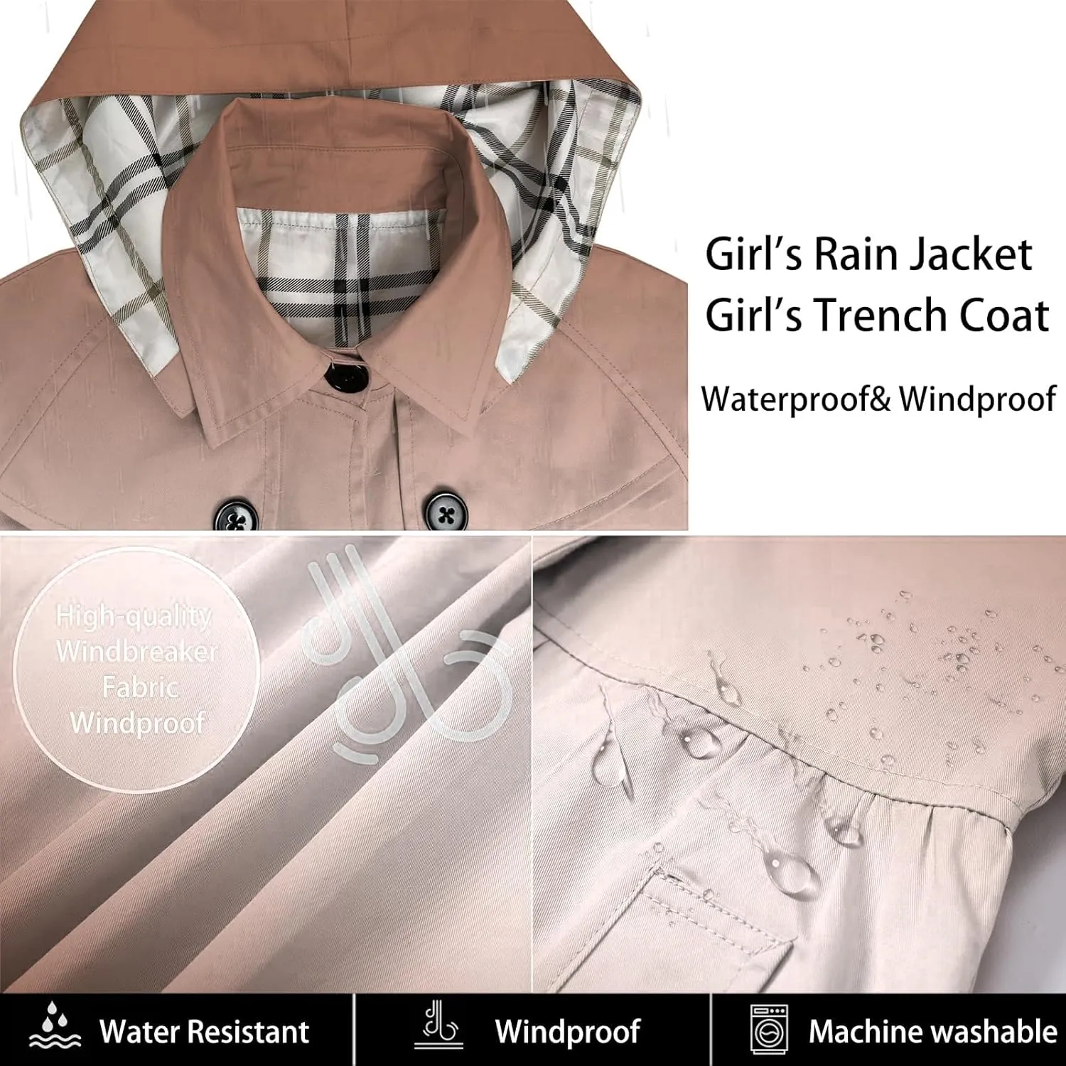 Betusline Girl's Rain Jackets Lightweight Waterproof Hooded Trench Coat Raincoats for Kids,2-14 Years