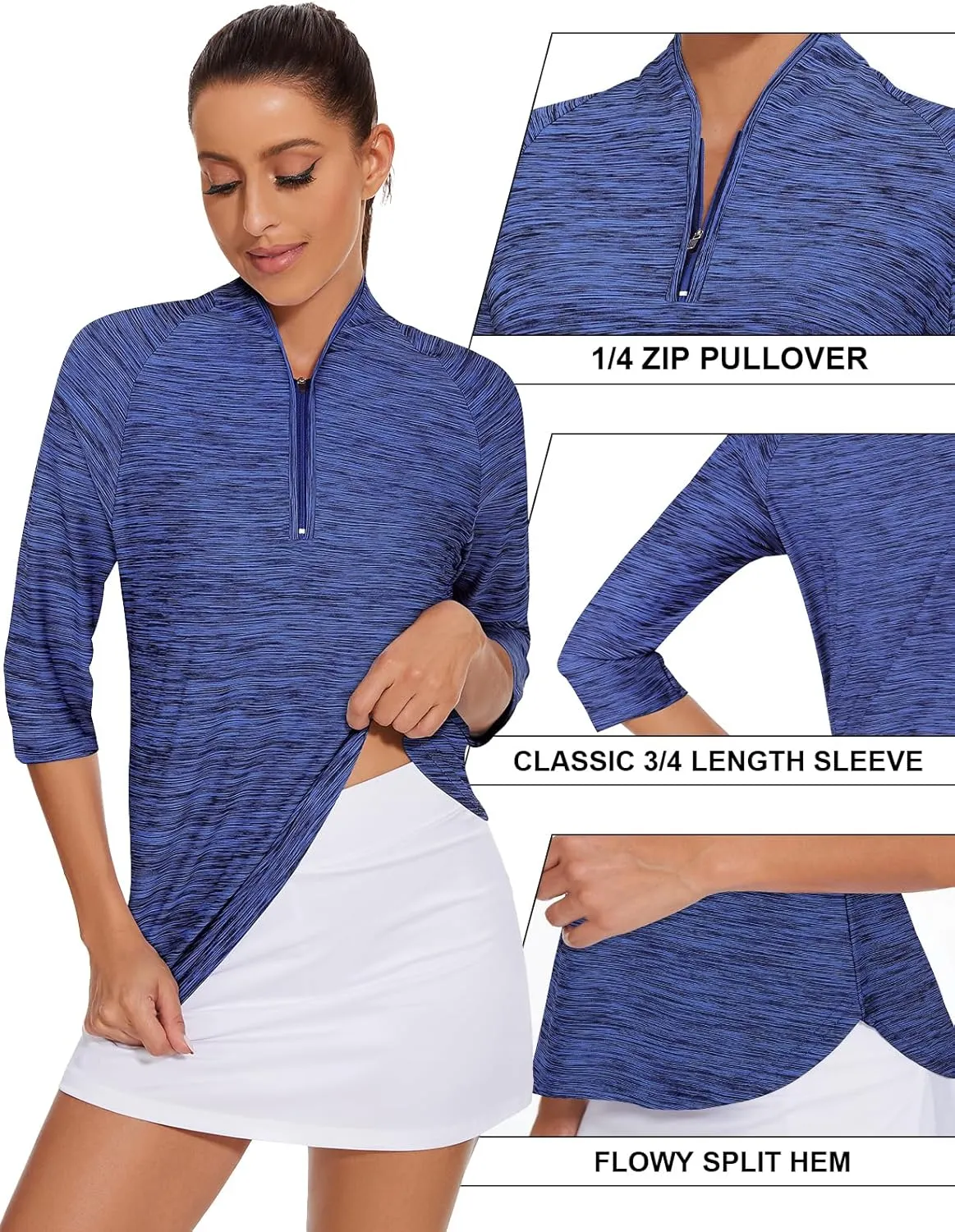 Cucuchy Womens Golf Shirt Quick Dry 3/4 Sleeve Quarter Zip Polo Workout Tops Tennis Shirts S-XXL