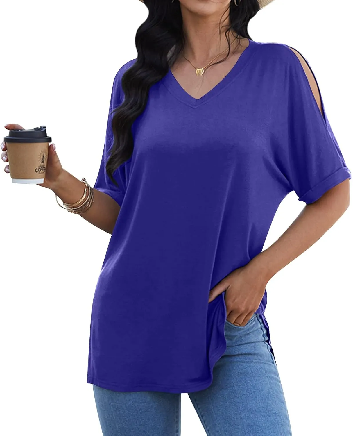 DouBCQ Womens Plus Size Blouse Deep V Neck Tshirt Loose Cold Shoulder Basic Tunic Tops