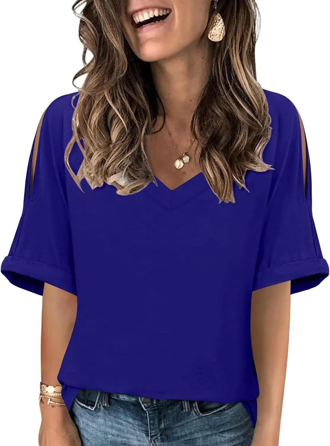 DouBCQ Womens Plus Size Blouse Deep V Neck Tshirt Loose Cold Shoulder Basic Tunic Tops