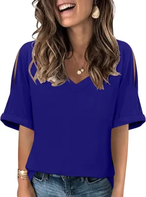 DouBCQ Womens Plus Size Blouse Deep V Neck Tshirt Loose Cold Shoulder Basic Tunic Tops