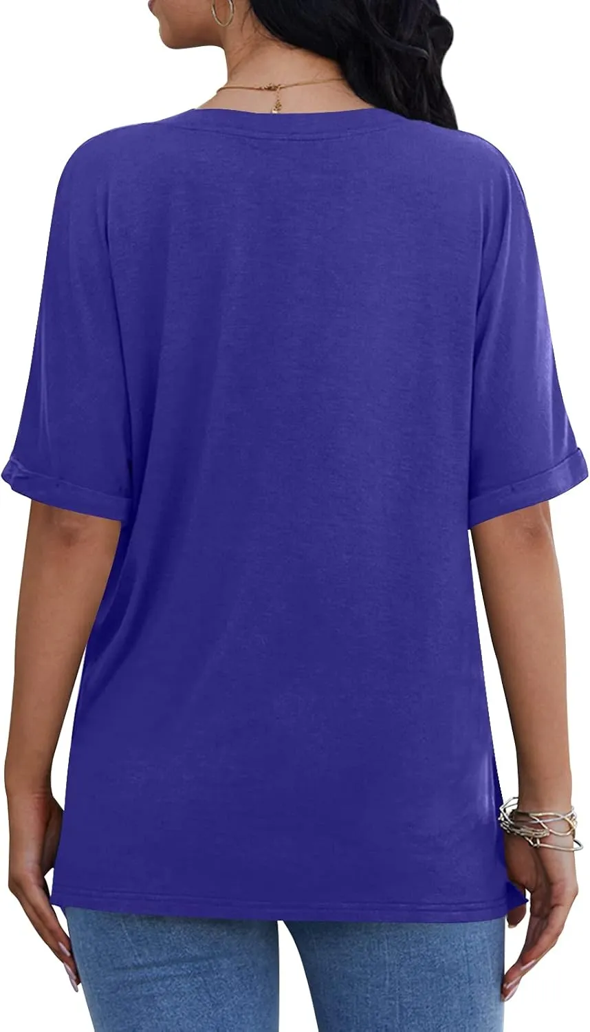 DouBCQ Womens Plus Size Blouse Deep V Neck Tshirt Loose Cold Shoulder Basic Tunic Tops