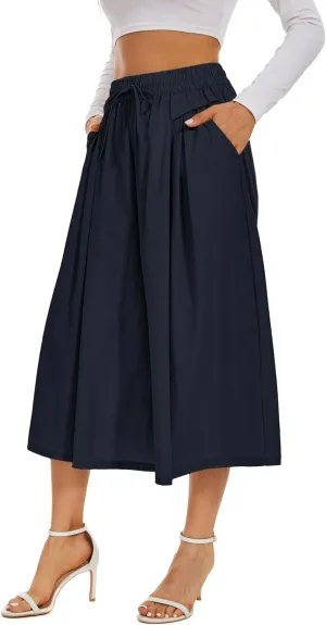 Double Plus Open Womens Casual Wide Leg Flowy Cropped Pants High Elastic Waist Drawstring Culottes with Pockets