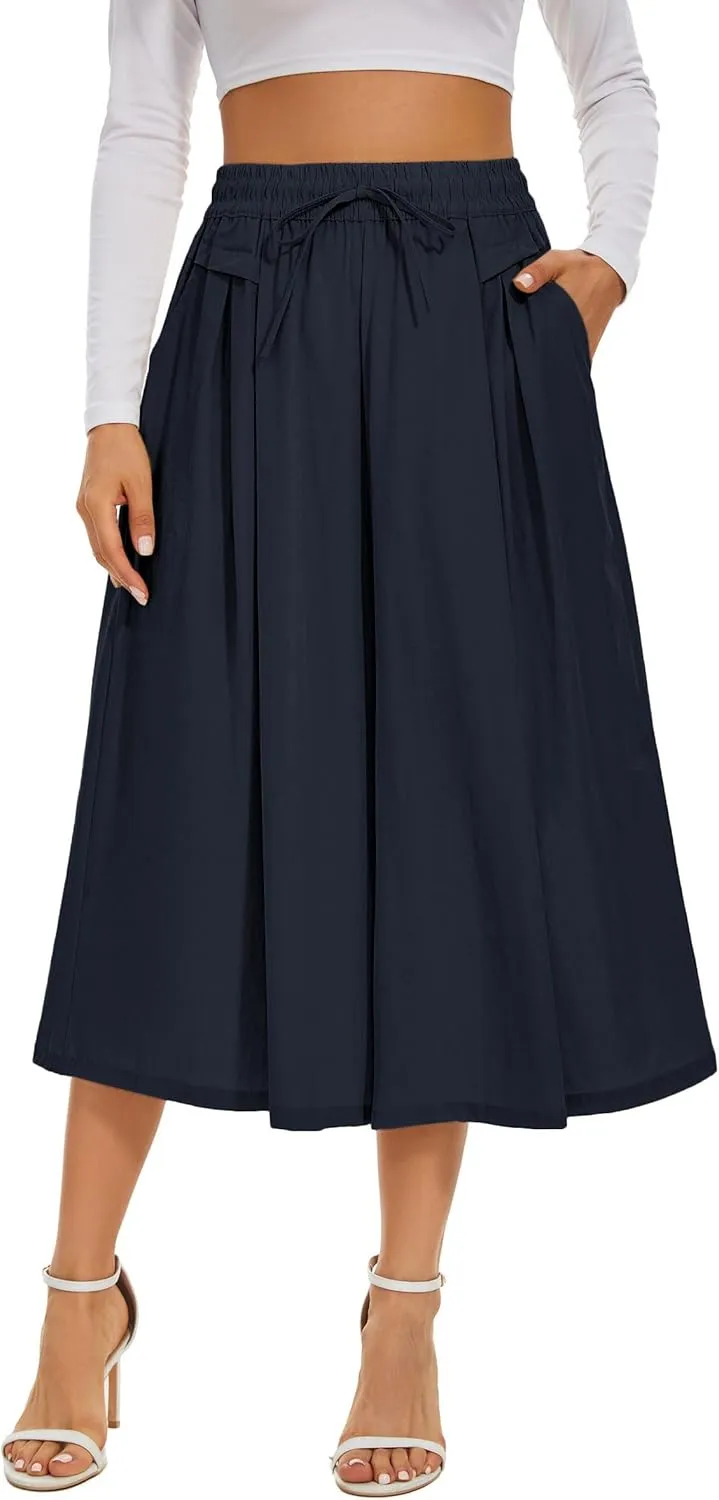Double Plus Open Womens Casual Wide Leg Flowy Cropped Pants High Elastic Waist Drawstring Culottes with Pockets