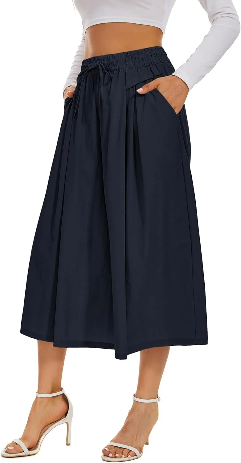 Double Plus Open Womens Casual Wide Leg Flowy Cropped Pants High Elastic Waist Drawstring Culottes with Pockets