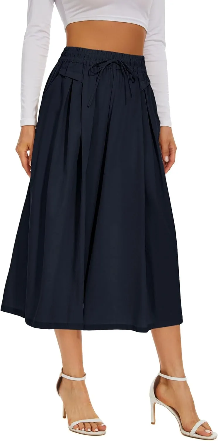 Double Plus Open Womens Casual Wide Leg Flowy Cropped Pants High Elastic Waist Drawstring Culottes with Pockets