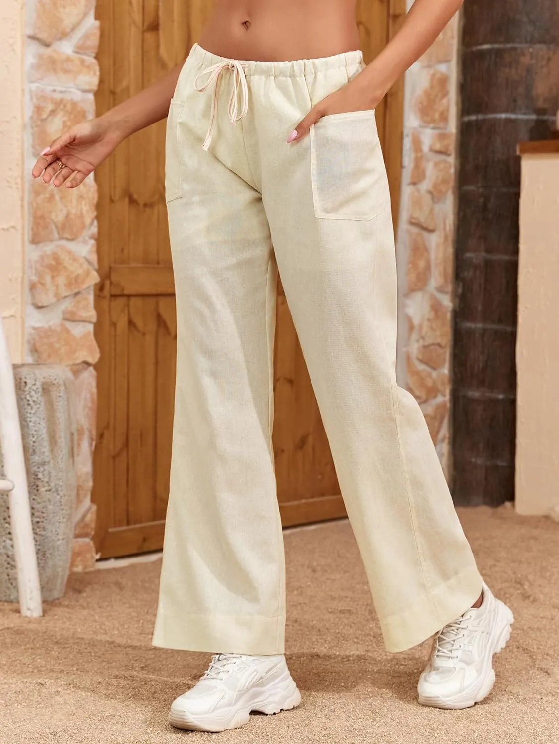 Famulily Womens Linen Pants Summer Wide Leg Casual Loose Drawstring Low Waist Palazzo Pants Lined Trousers with Patch Pockets