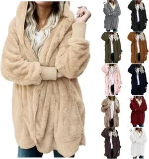 Fleece Jacket Women Fuzzy Hooded Long Winter Coats Open Front Cardigan Sweaters Warm Shacket Outerwear with Pokets