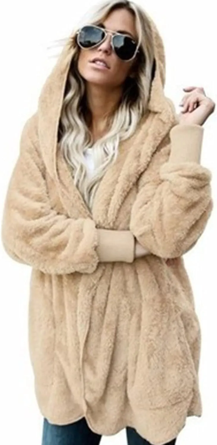 Fleece Jacket Women Fuzzy Hooded Long Winter Coats Open Front Cardigan Sweaters Warm Shacket Outerwear with Pokets