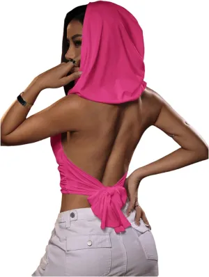 Floerns Women's Tie Backless Halter Tops Draped Front Cropped Hoodie