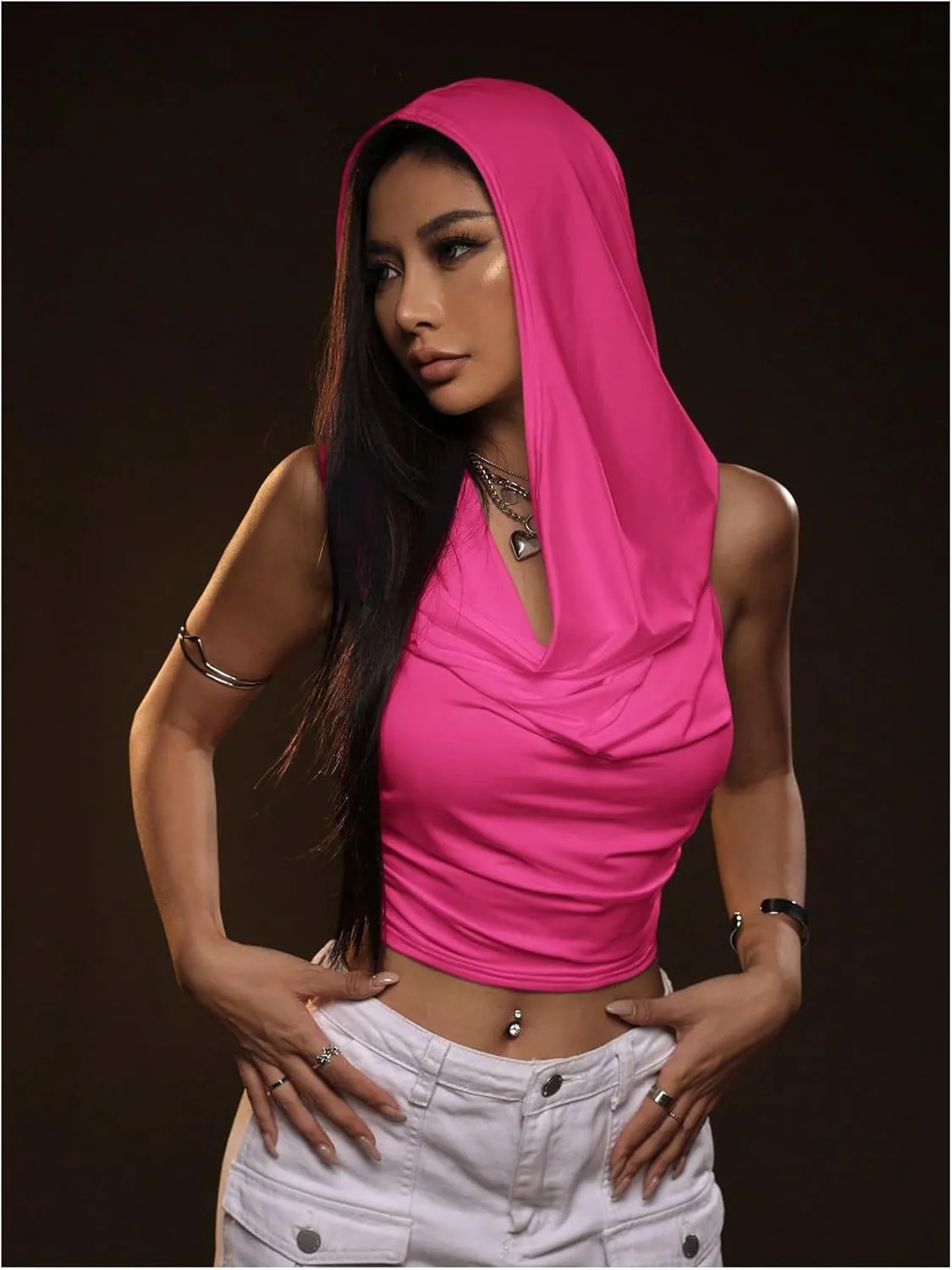 Floerns Women's Tie Backless Halter Tops Draped Front Cropped Hoodie