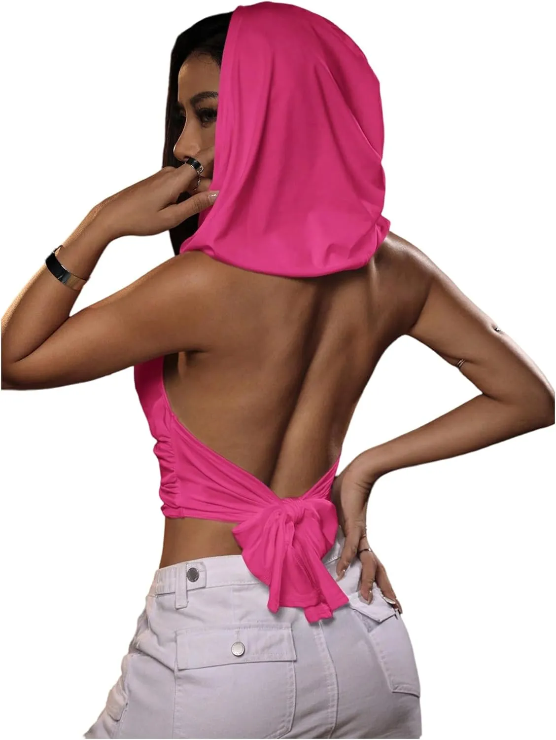 Floerns Women's Tie Backless Halter Tops Draped Front Cropped Hoodie
