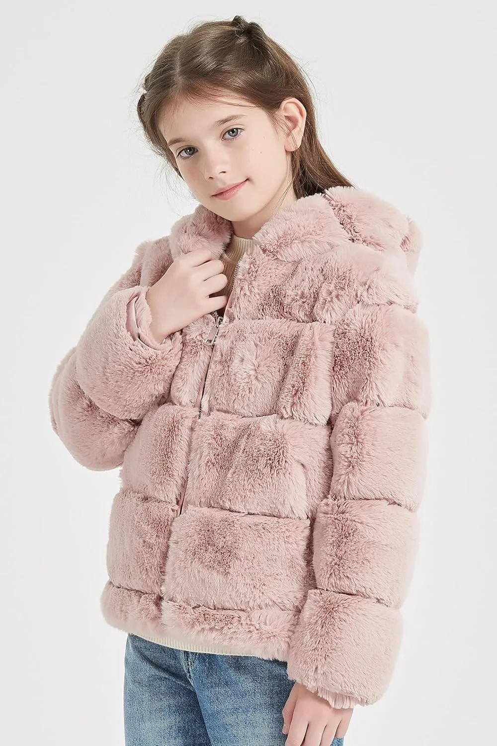 Giolshon Girls Faux Fur Fleece Jacket Sherpa Fuzzy Hoodie Winter Coat with Full Zip Fluffy Outerwear 2169