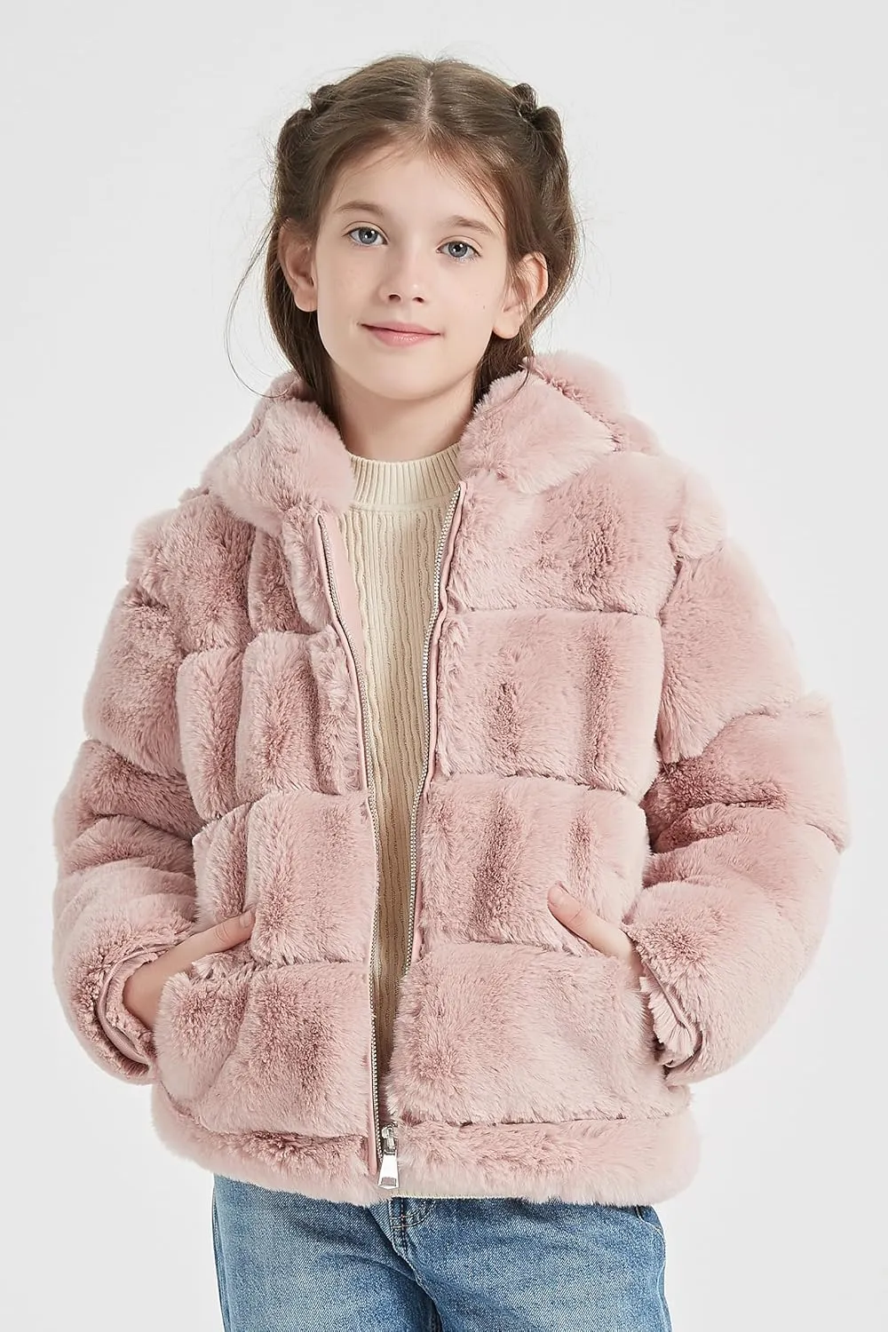 Giolshon Girls Faux Fur Fleece Jacket Sherpa Fuzzy Hoodie Winter Coat with Full Zip Fluffy Outerwear 2169