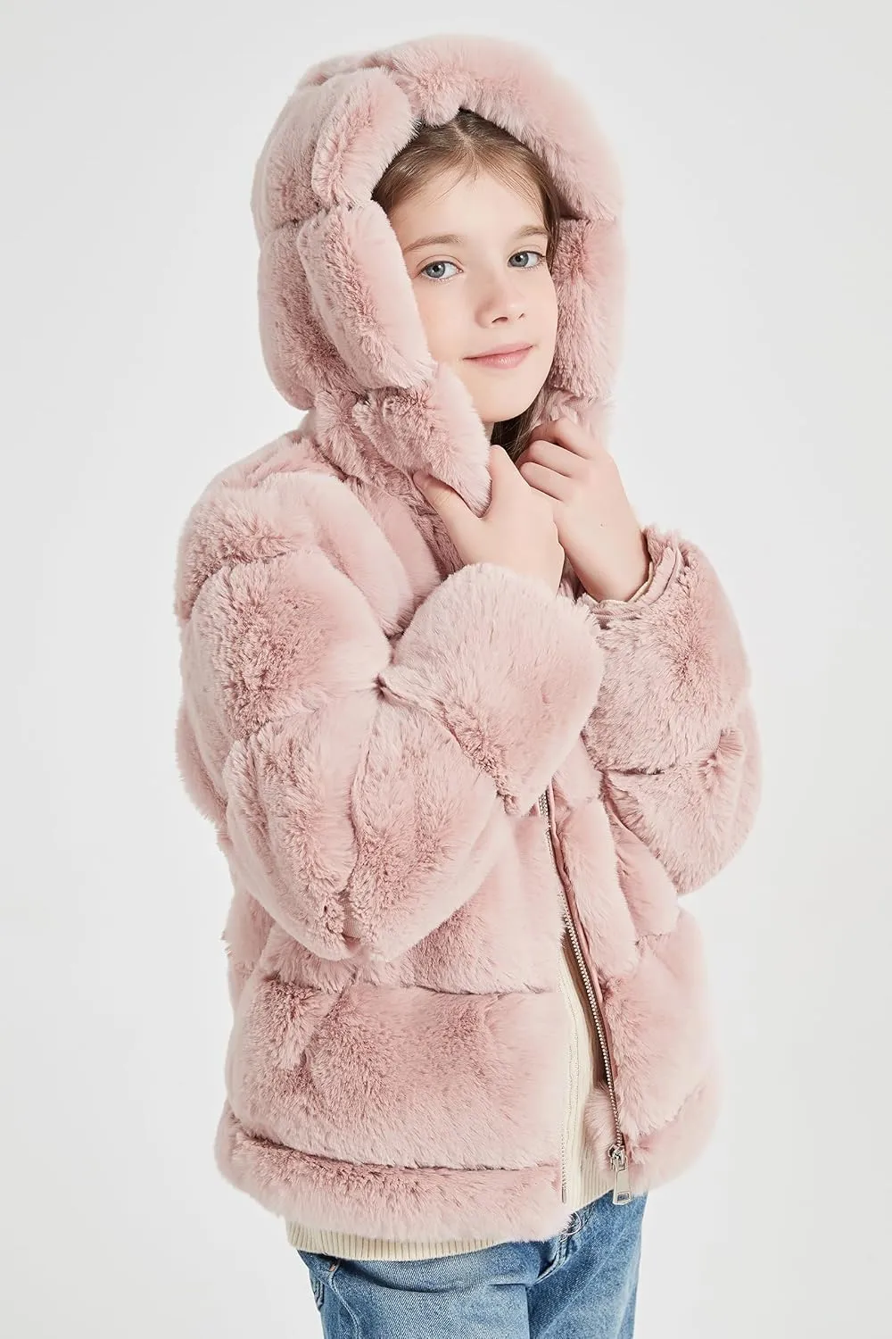 Giolshon Girls Faux Fur Fleece Jacket Sherpa Fuzzy Hoodie Winter Coat with Full Zip Fluffy Outerwear 2169