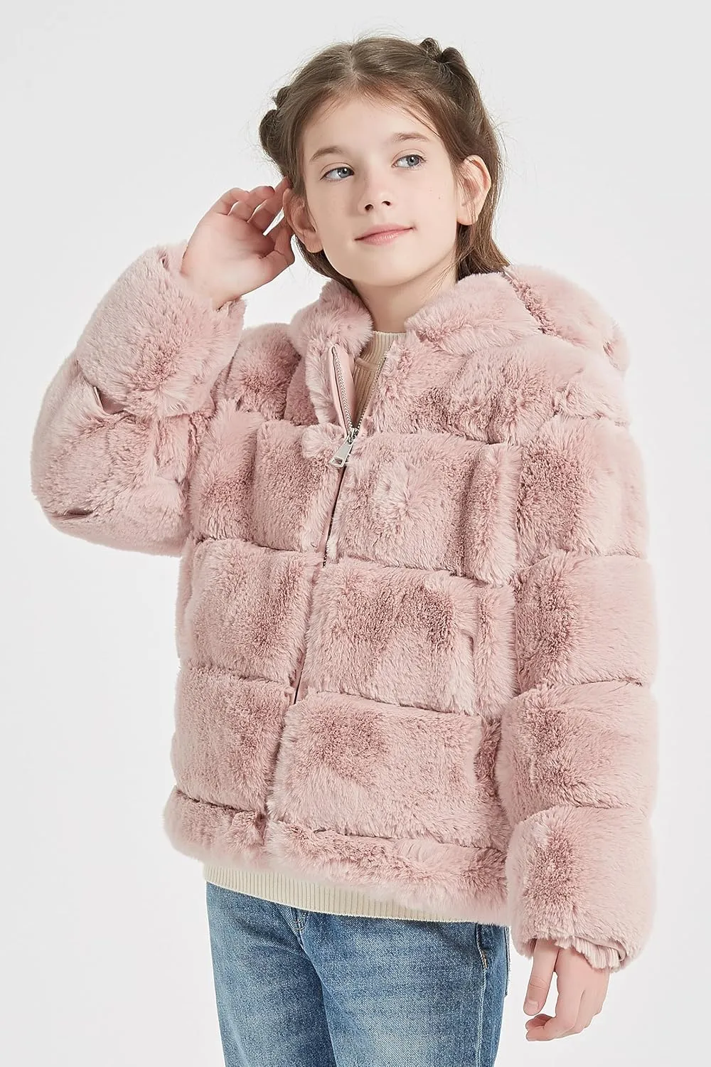 Giolshon Girls Faux Fur Fleece Jacket Sherpa Fuzzy Hoodie Winter Coat with Full Zip Fluffy Outerwear 2169