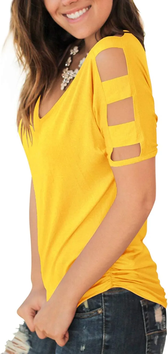 Jescakoo Women's Short Sleeve Cut Out Cold Shoulder Tops Deep V Neck T Shirts