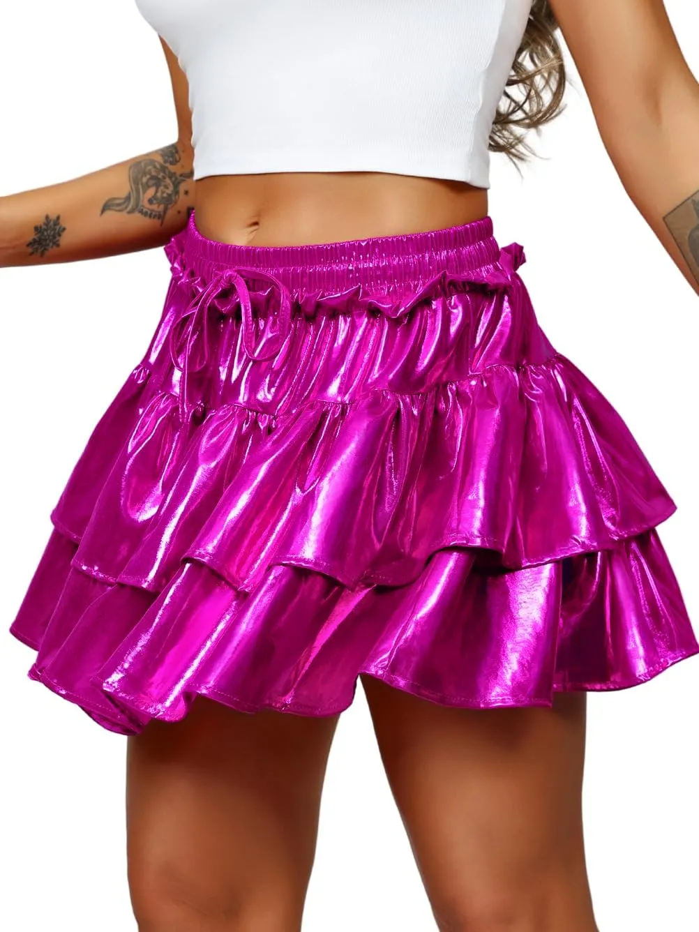 Kaei&Shi Metallic Skirts for Women & Girls & Kids,Pu Leather Layered Mini Skirt