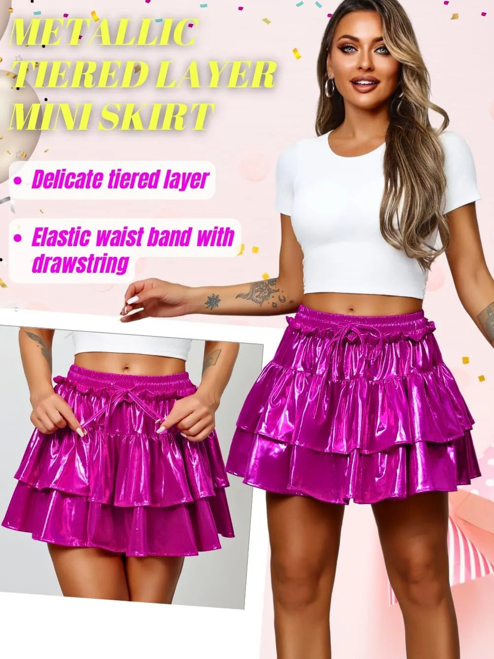 Kaei&Shi Metallic Skirts for Women & Girls & Kids,Pu Leather Layered Mini Skirt