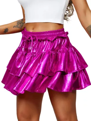 Kaei&Shi Metallic Skirts for Women & Girls & Kids,Pu Leather Layered Mini Skirt