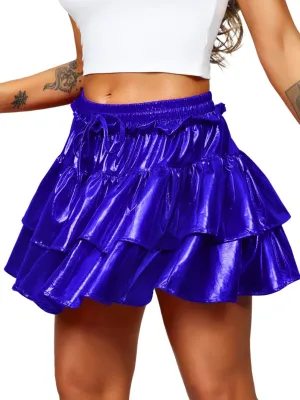 Kaei&Shi Metallic Skirts for Women & Girls & Kids,Pu Leather Layered Mini Skirt