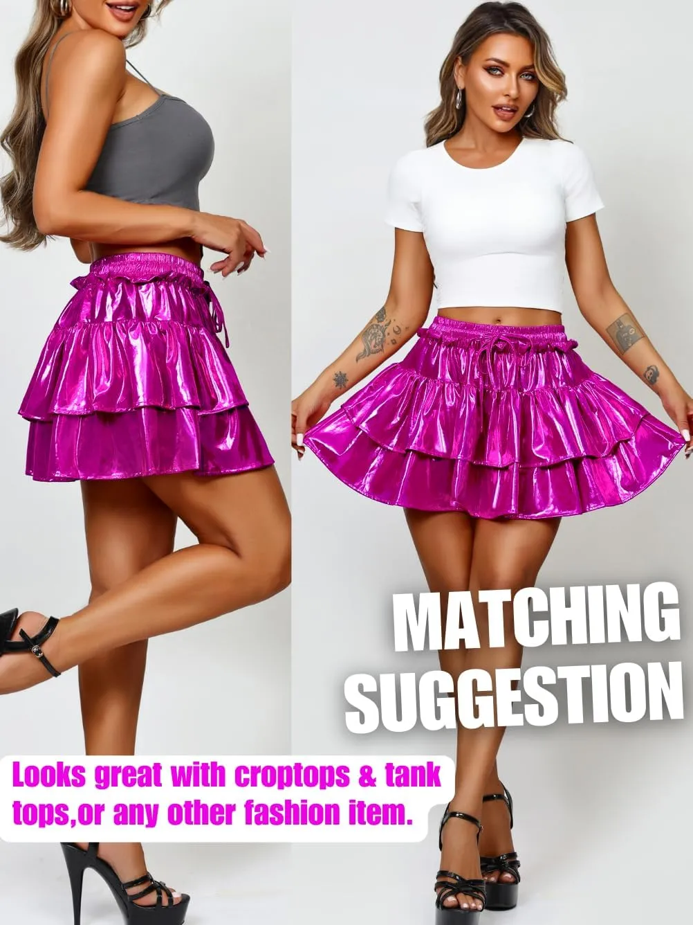 Kaei&Shi Metallic Skirts for Women & Girls & Kids,Pu Leather Layered Mini Skirt
