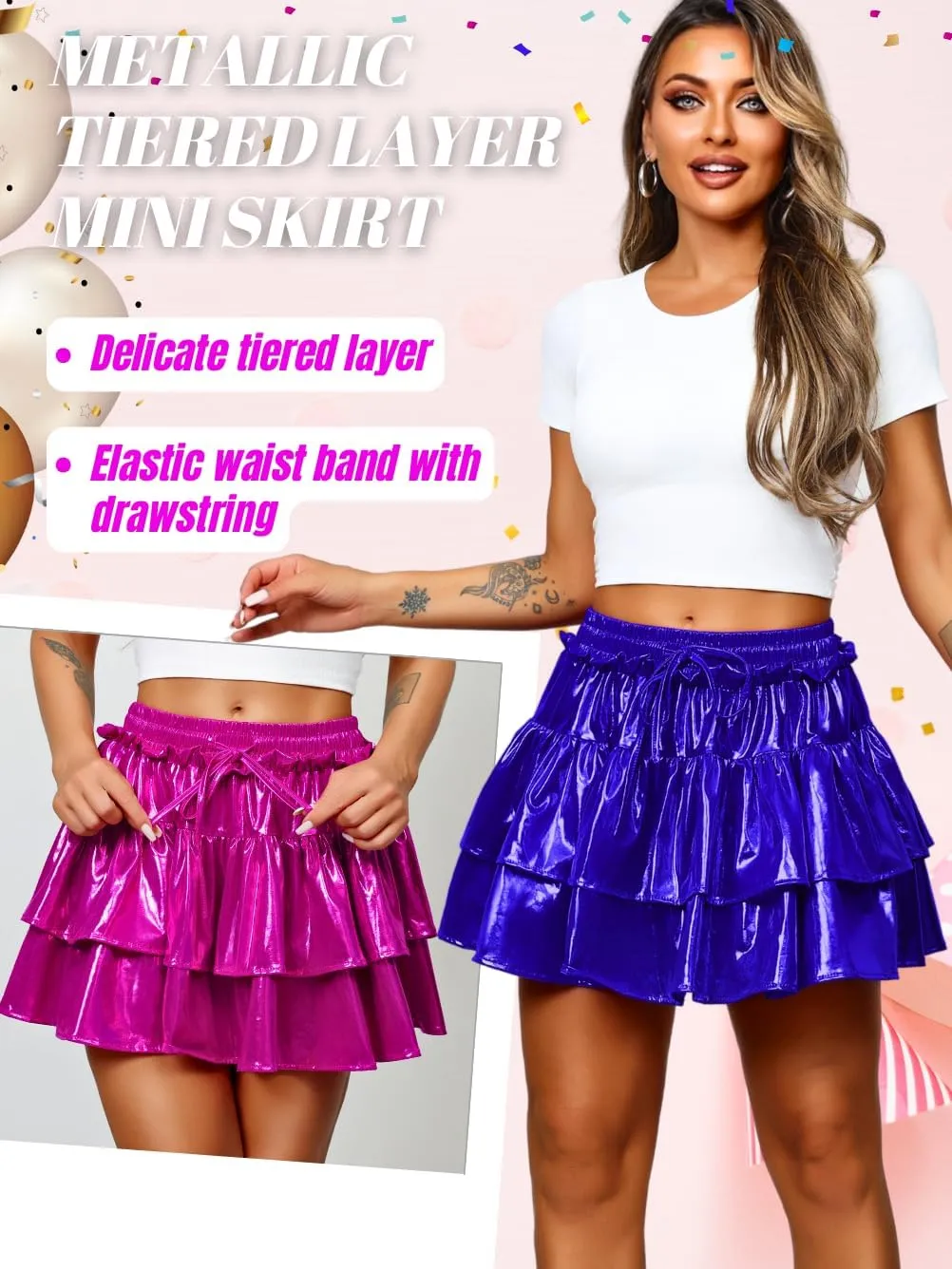 Kaei&Shi Metallic Skirts for Women & Girls & Kids,Pu Leather Layered Mini Skirt