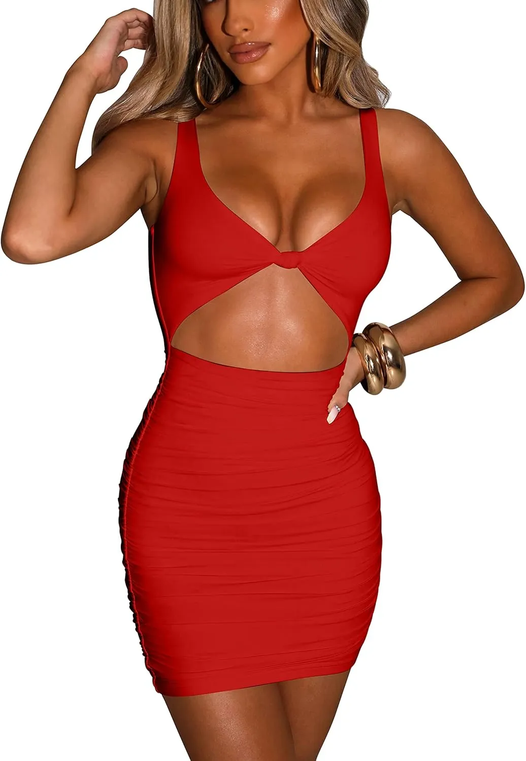 Kaximil Women's Sexy Bodycon Sleeveless Cut Out Ruched Tank Mini Club Party Dresses