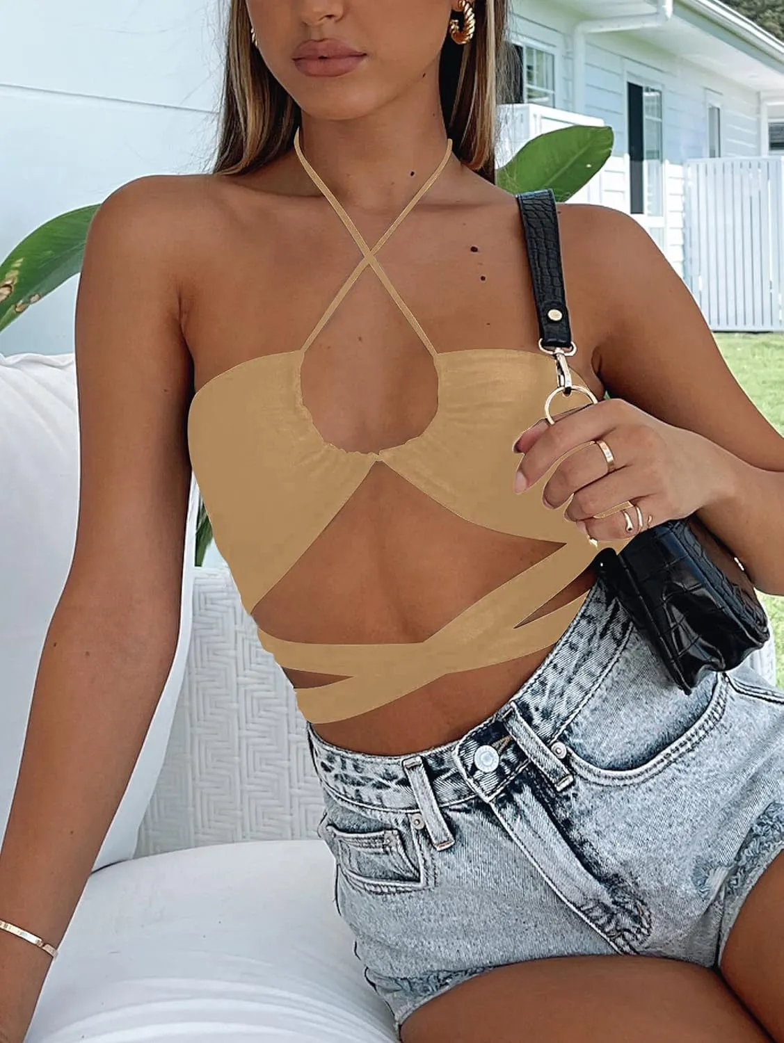 Kaximil Women's Sexy Sleeveless Halter Criss Cross Cami Lace Up Self Tie Tank Crop Tops