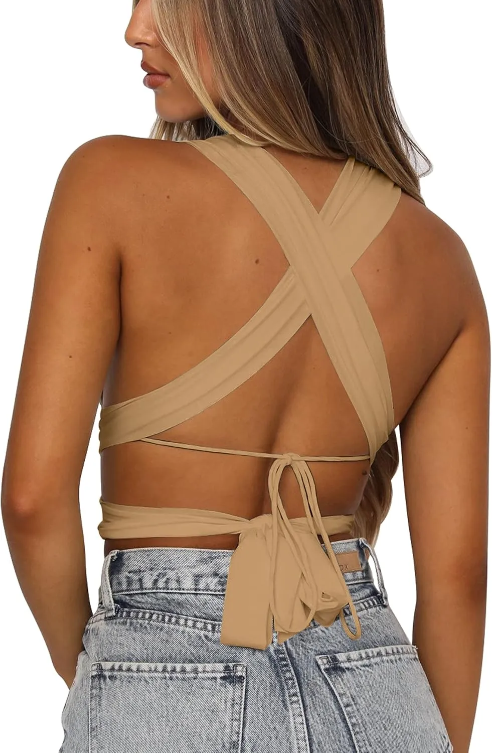 Kaximil Women's Sexy Sleeveless Halter Criss Cross Cami Lace Up Self Tie Tank Crop Tops