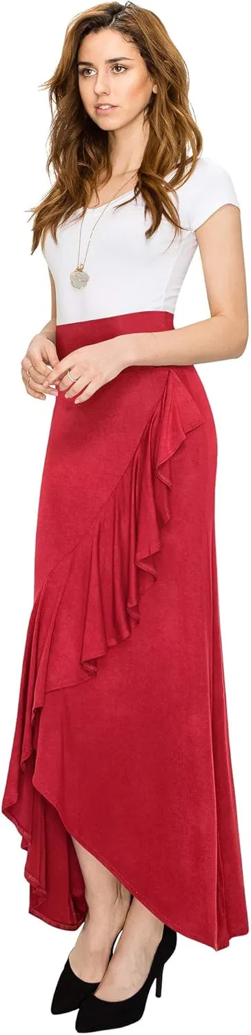 LL Womens Wrapped High Low Ruffle Maxi Skirt - Made in USA
