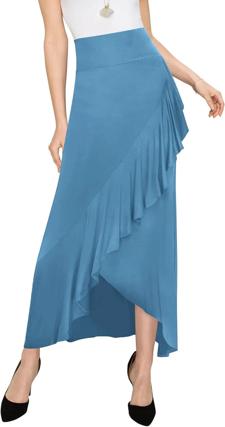 LL Womens Wrapped High Low Ruffle Maxi Skirt - Made in USA