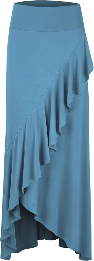 LL Womens Wrapped High Low Ruffle Maxi Skirt - Made in USA