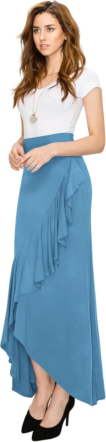 LL Womens Wrapped High Low Ruffle Maxi Skirt - Made in USA