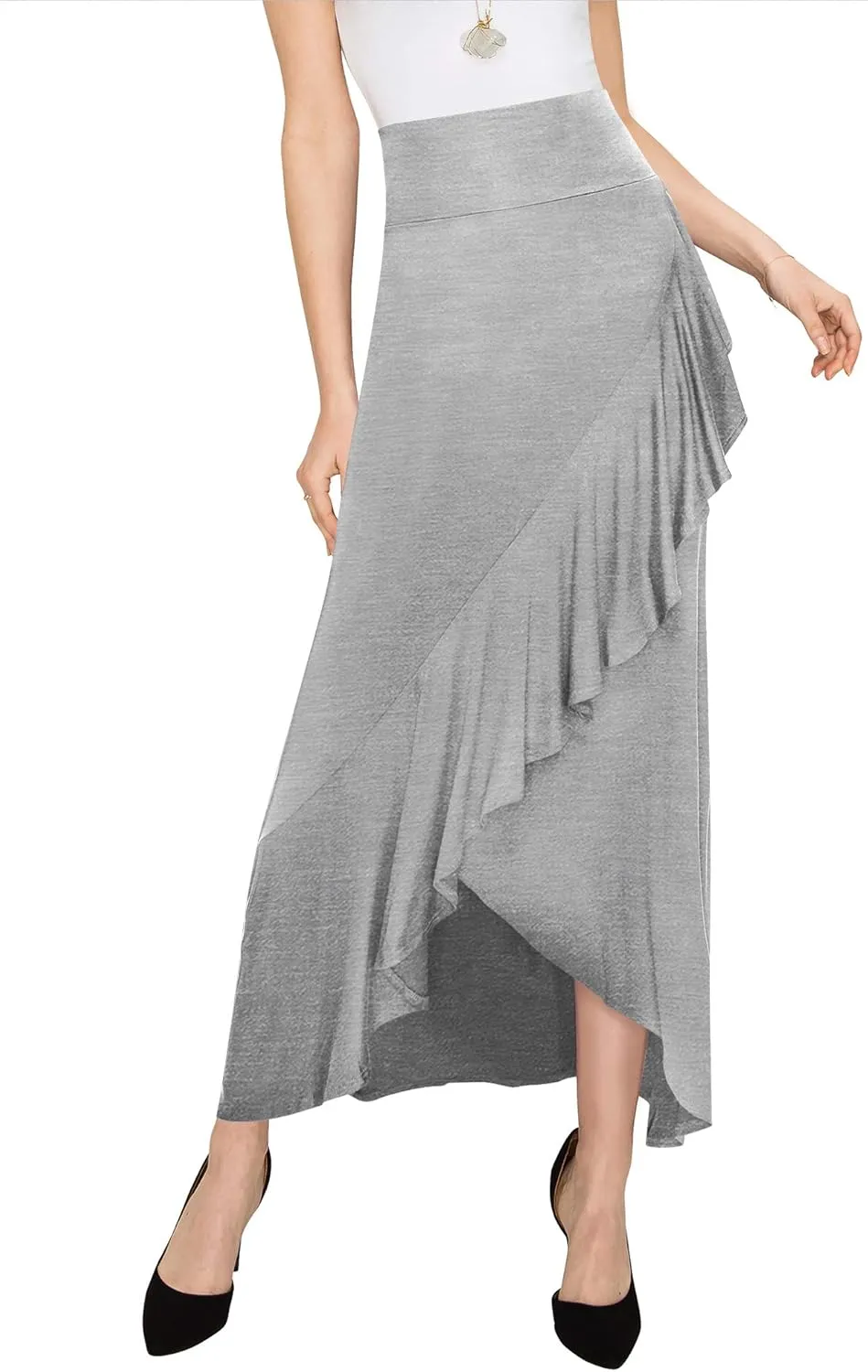 LL Womens Wrapped High Low Ruffle Maxi Skirt - Made in USA