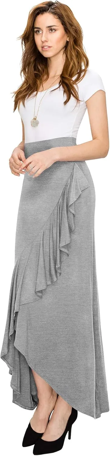 LL Womens Wrapped High Low Ruffle Maxi Skirt - Made in USA
