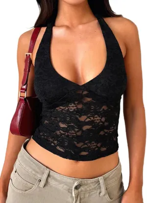 MakeMeChic Women's Halter Tops Mesh Lace Sexy Cute Summer Crop Tank Top