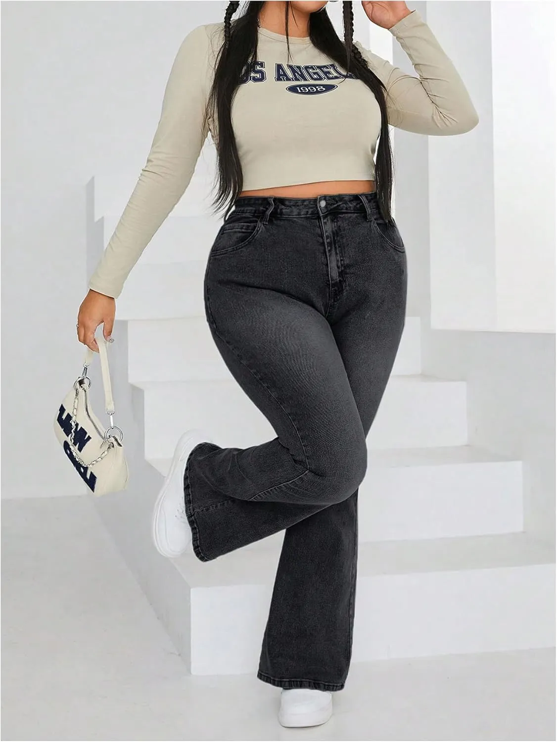 MakeMeChic Women's Plus Size Flare Jeans Bell Bottom Flare Long Denim Pants Y2K Trousers with Pocket