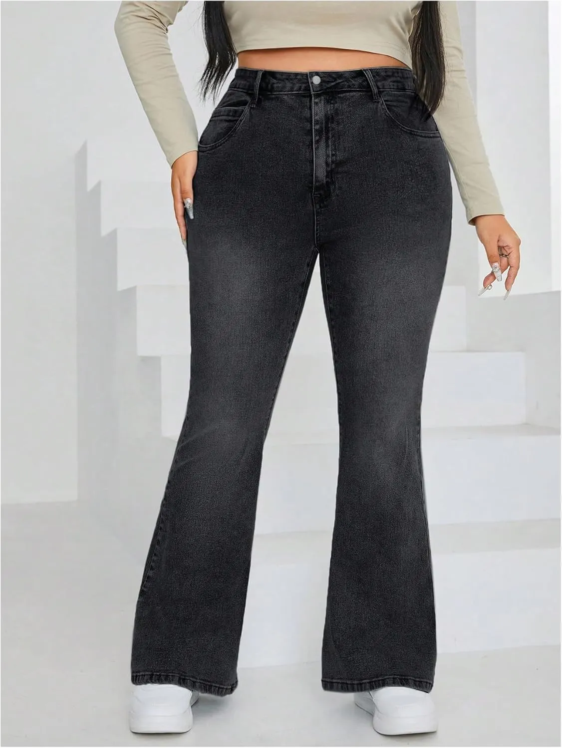 MakeMeChic Women's Plus Size Flare Jeans Bell Bottom Flare Long Denim Pants Y2K Trousers with Pocket