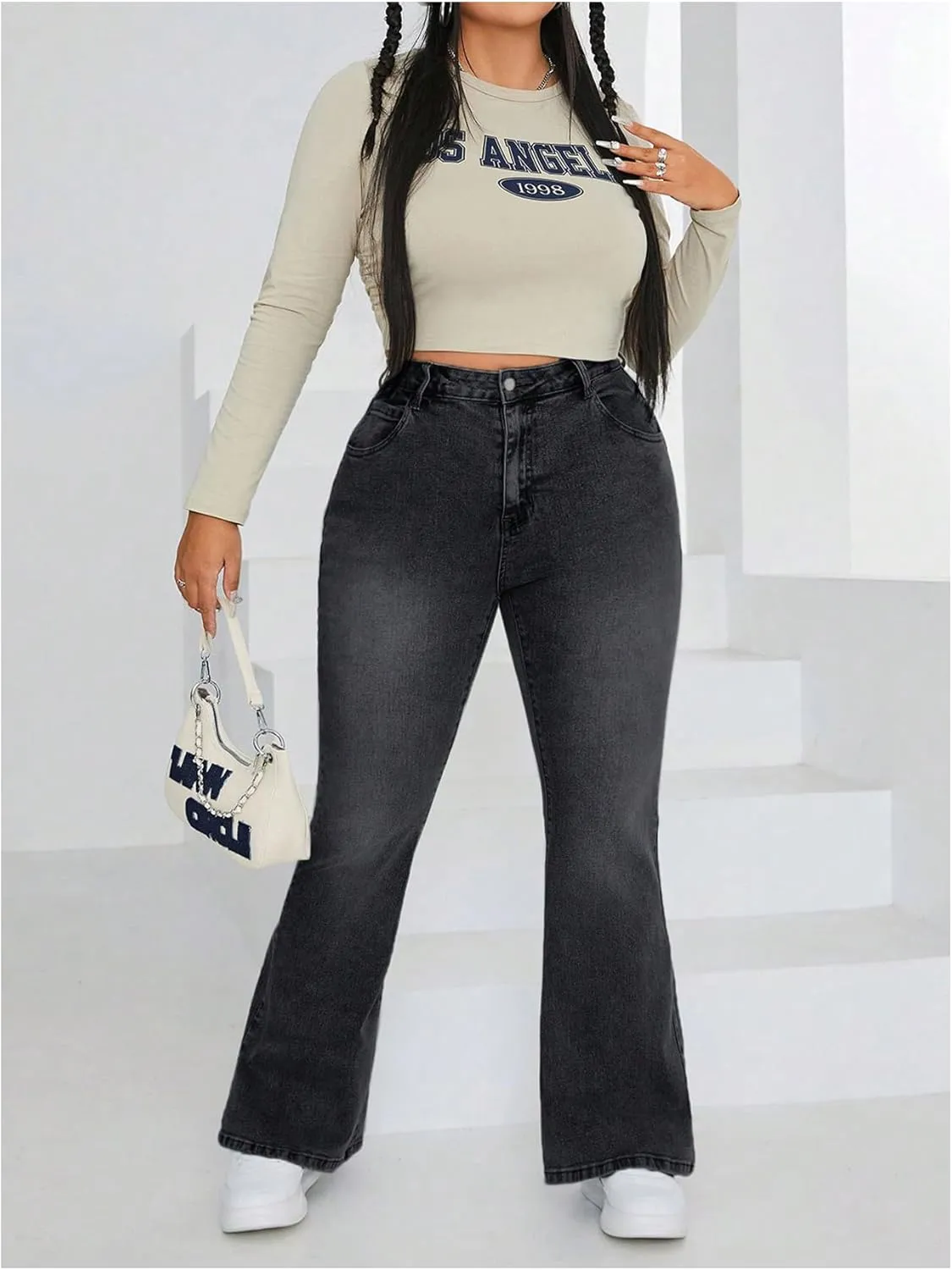 MakeMeChic Women's Plus Size Flare Jeans Bell Bottom Flare Long Denim Pants Y2K Trousers with Pocket