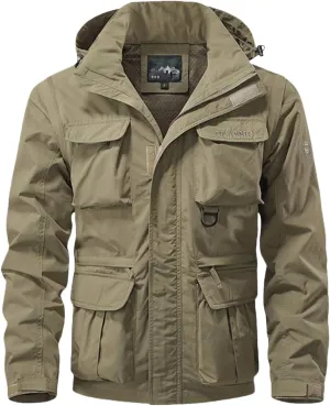 Men's Military Lightweight Jacket Army Cargo Windbreaker Zip Front Stand Collar Cotton Jackets with Multi Pockets